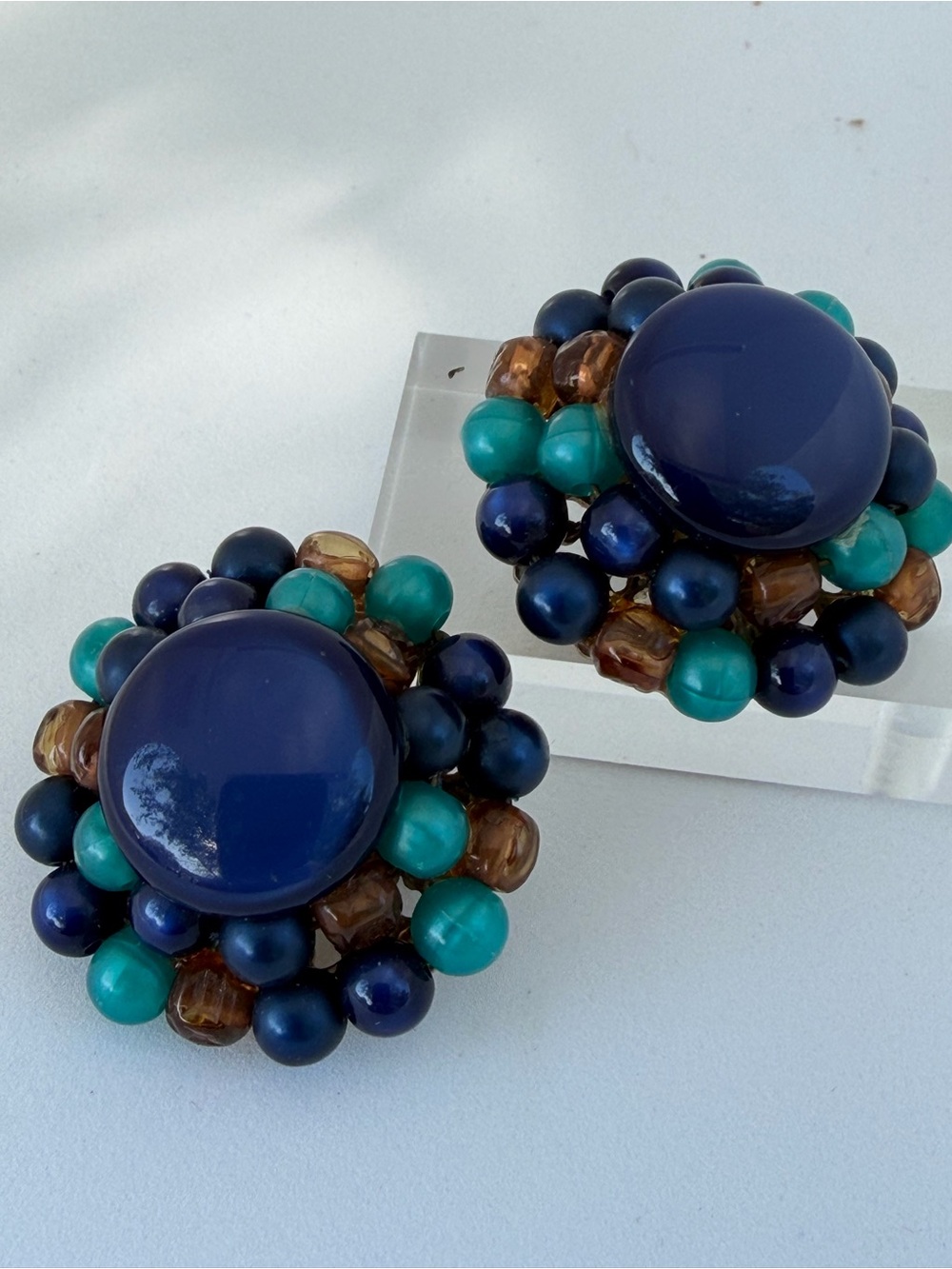 Vintage KARU Clip On Earrings Blue Turquoise Beaded Cluster earrings